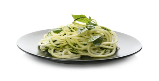 Photo of Delicious fresh zucchini pasta with basil on white background