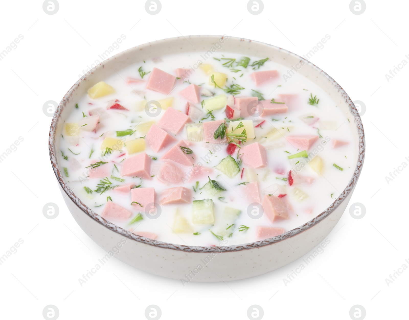 Photo of Delicious cold summer soup (okroshka) with boiled sausage in bowl isolated on white