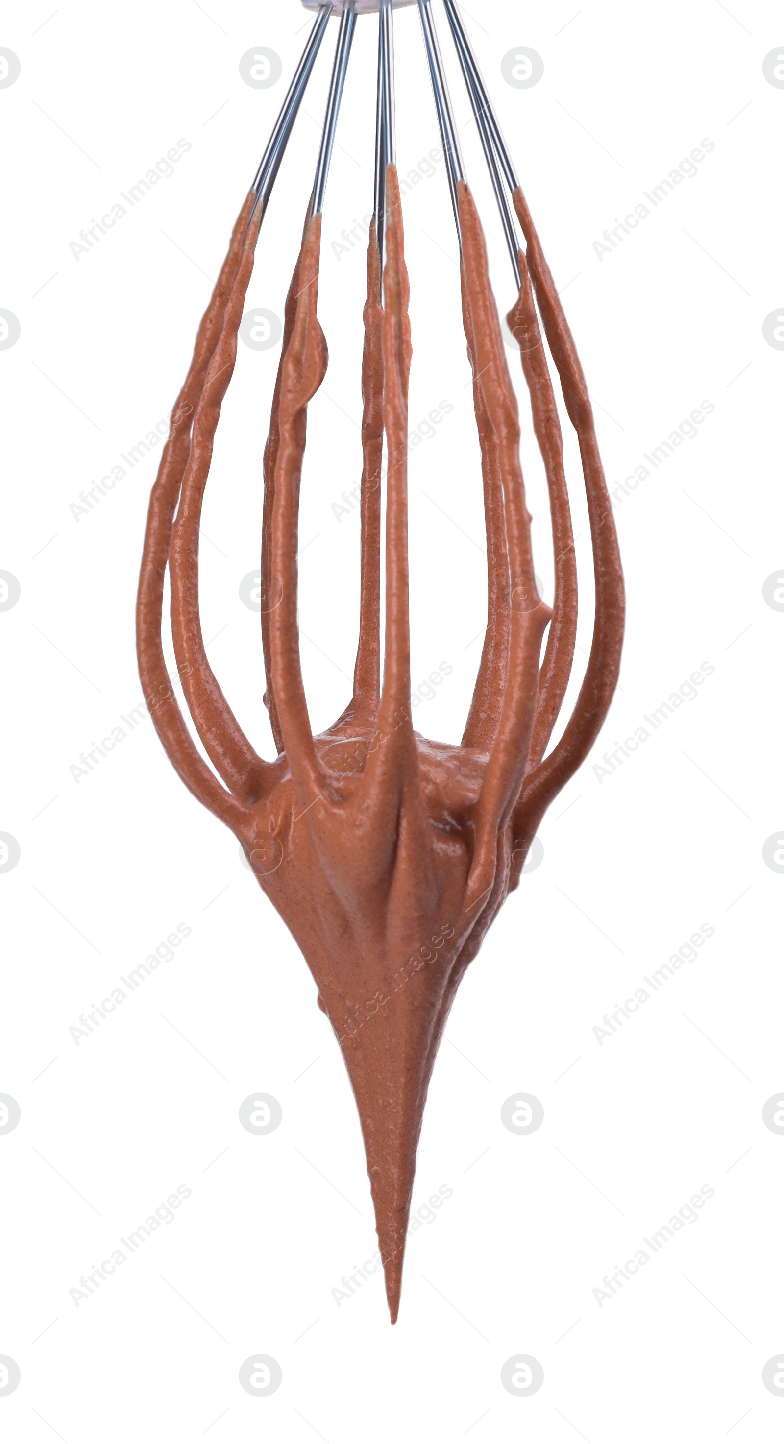 Photo of Chocolate cream flowing from whisk on white background