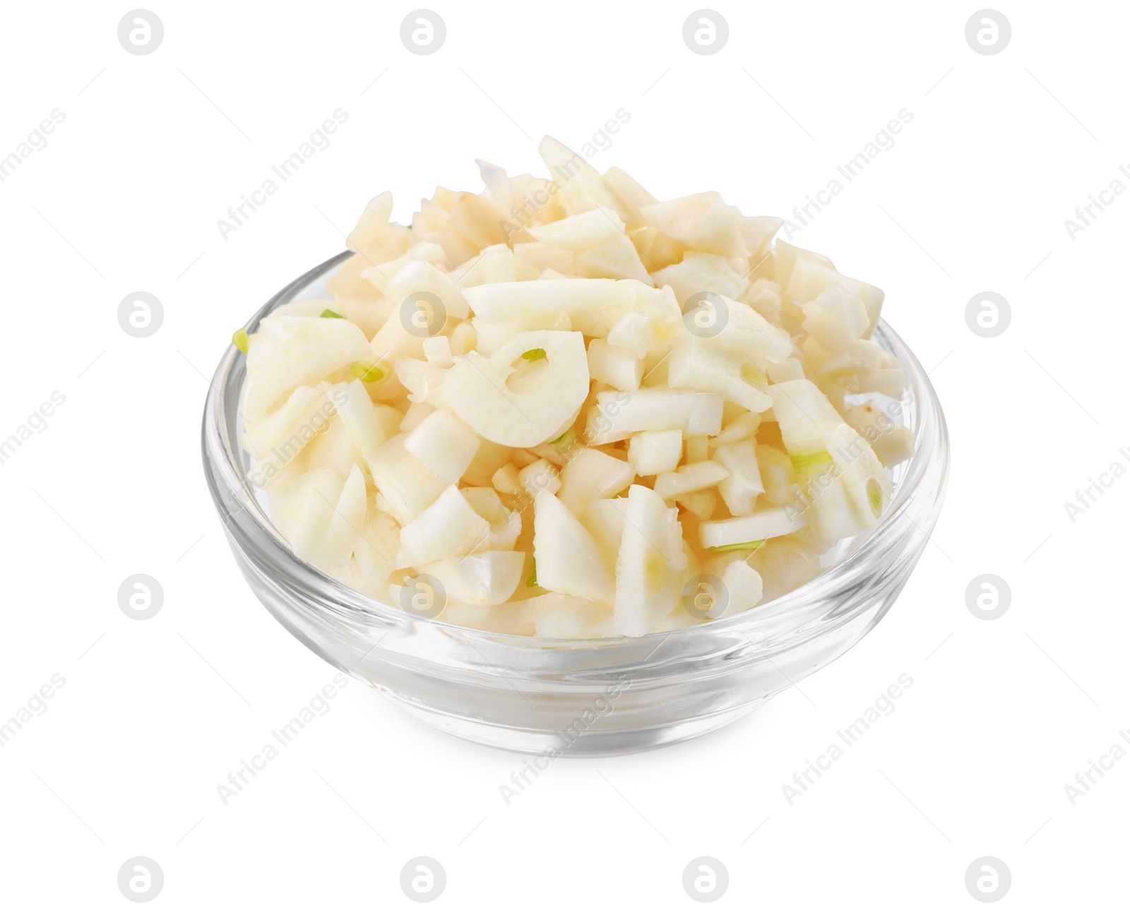 Photo of Pieces of fresh garlic in bowl isolated on white