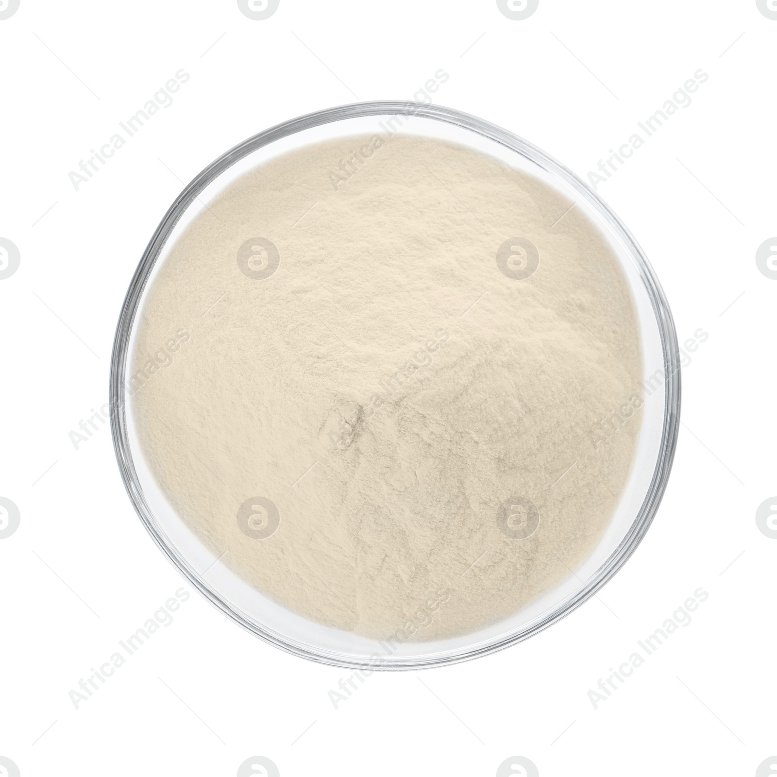 Photo of Bowl of agar-agar powder isolated on white, top view