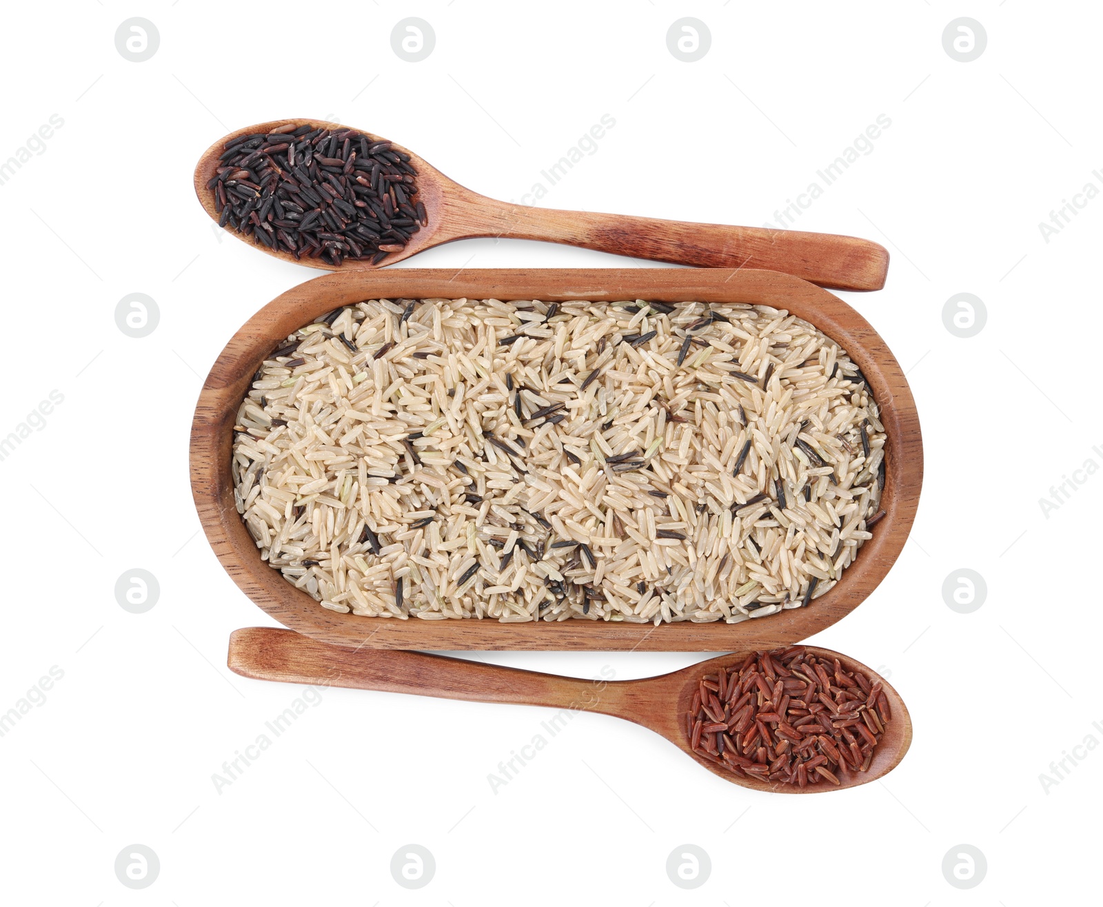 Photo of Different sorts of rice isolated on white, top view