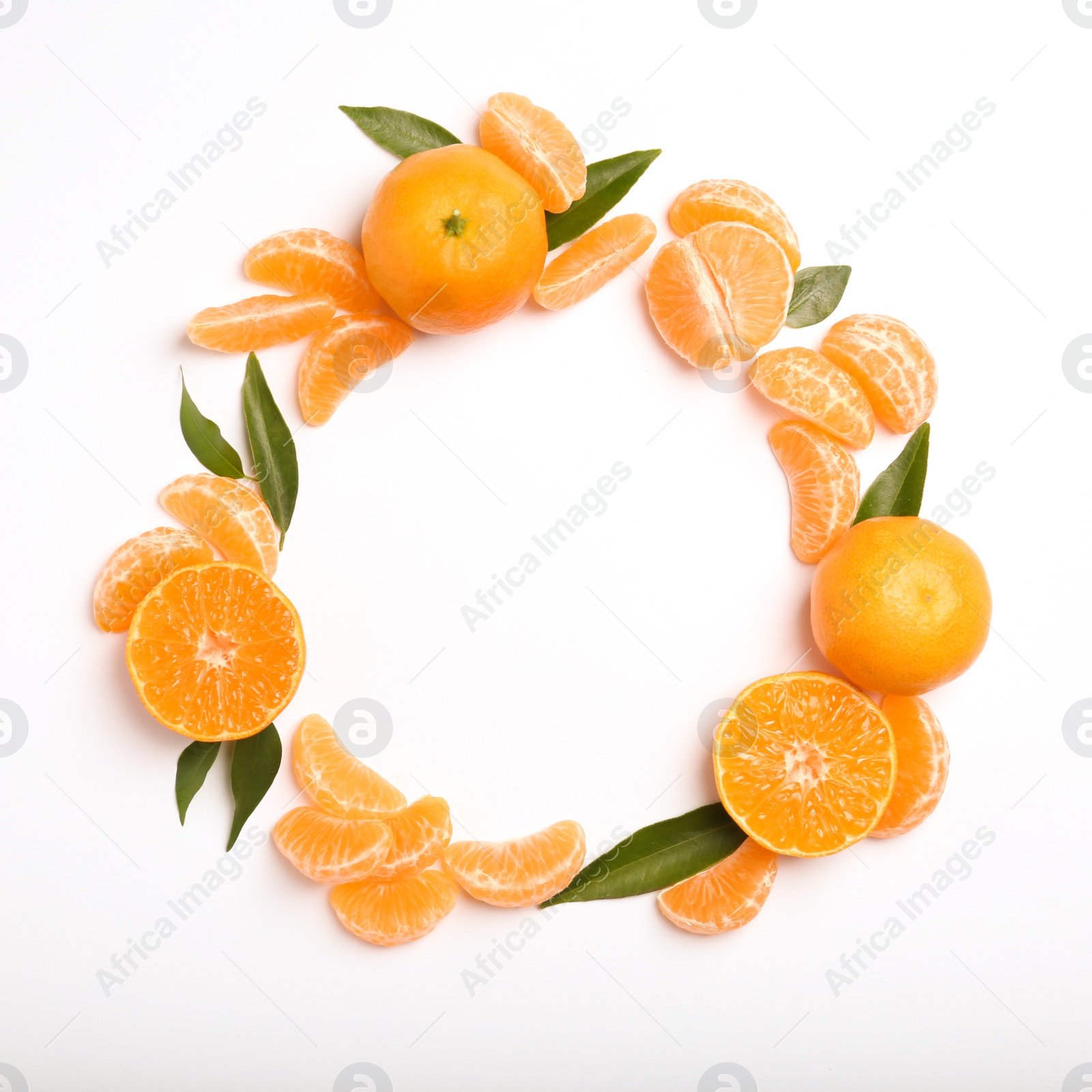 Photo of Composition with tangerines and leaves on white background, top view. Space for text