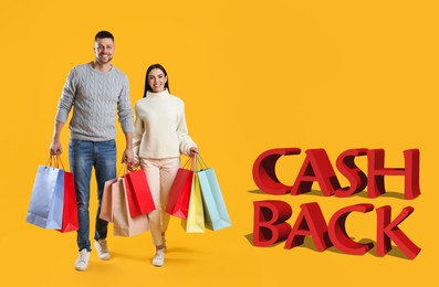 Image of Happy couple with shopping bags and words Cash Back on yellow background