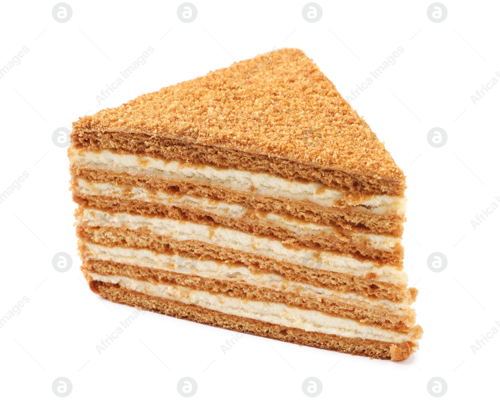 Photo of Slice of delicious layered honey cake isolated on white