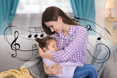Mother singing lullaby to her sleepy daughter at home. Illustration of flying musical notes around woman and child