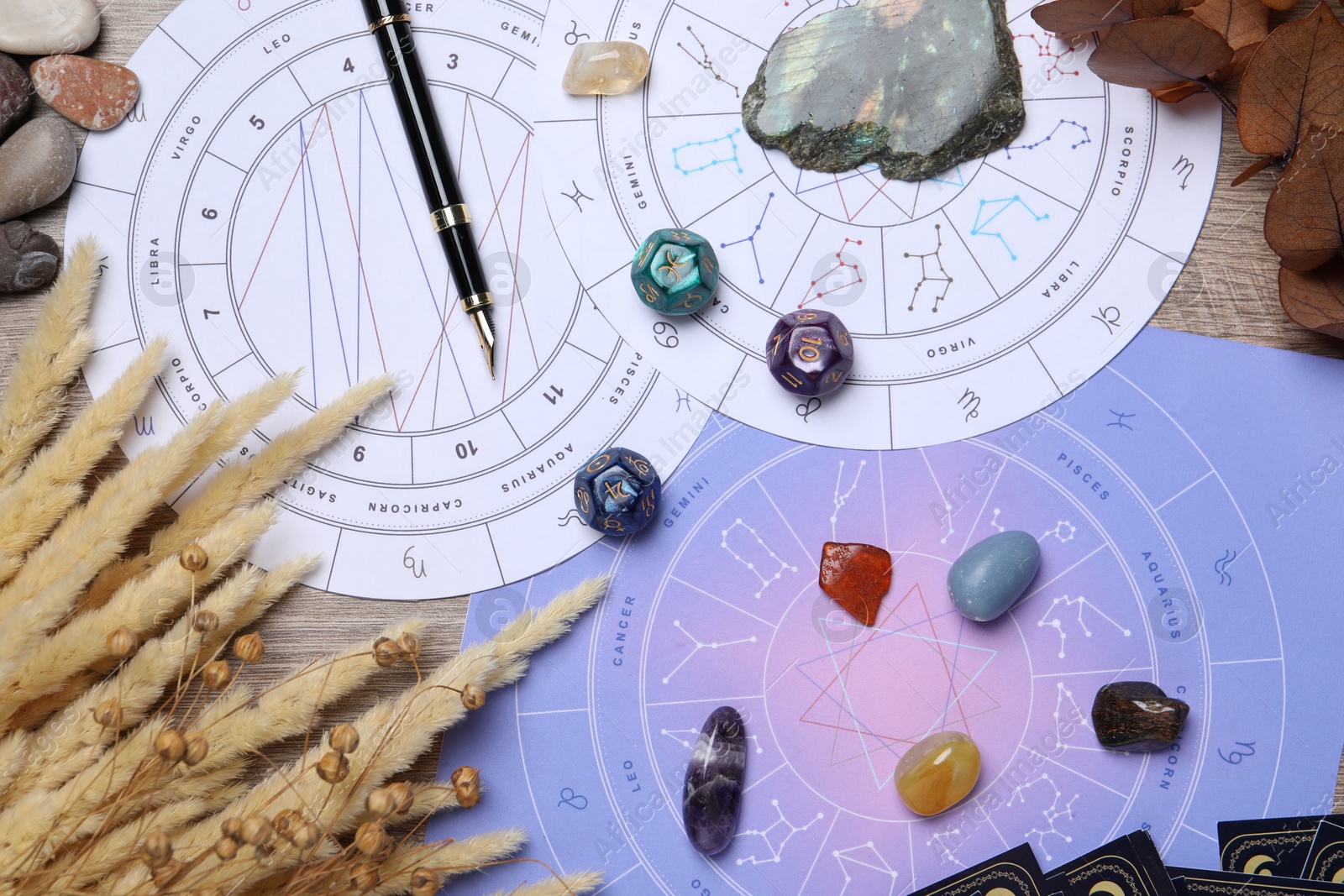 Photo of Zodiac wheels, natal chart, astrology dices, fountain pen and gemstones on wooden table, flat lay