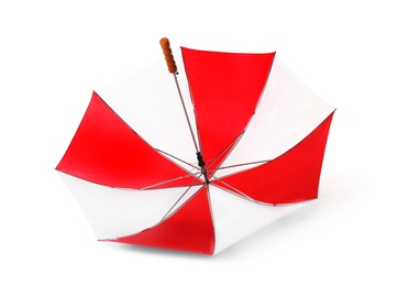 Photo of Modern opened bright umbrella isolated on white