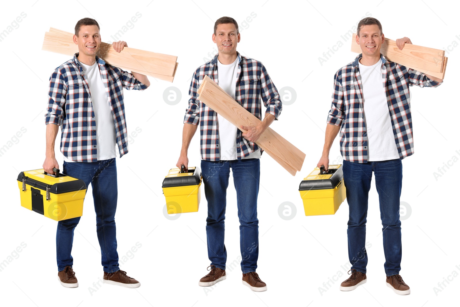 Image of Collage with photos of carpenter with wooden planks and and tool box on white background