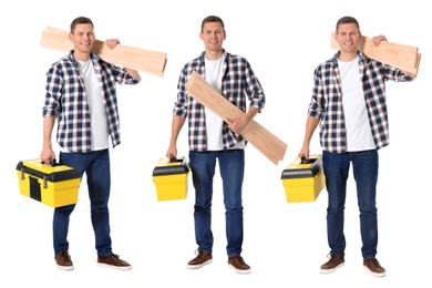 Collage with photos of carpenter with wooden planks and and tool box on white background