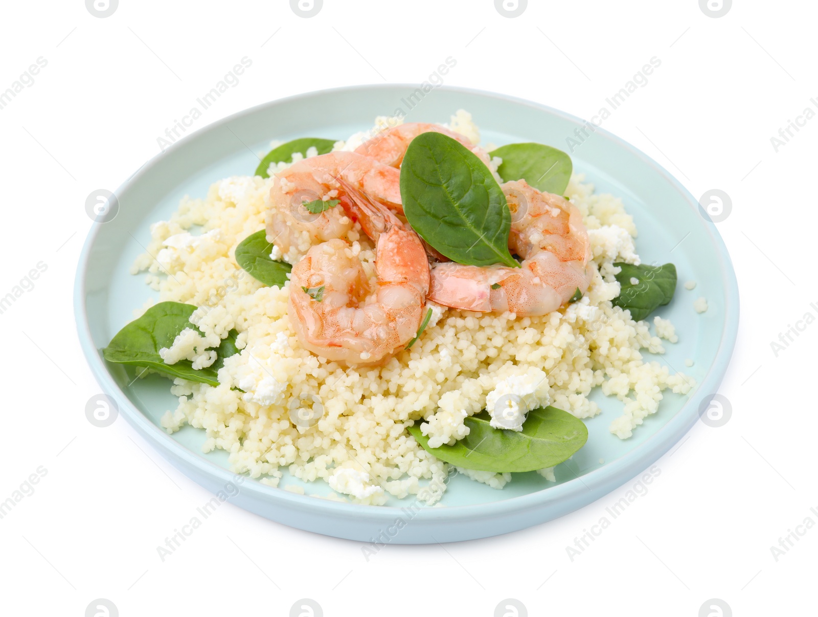 Photo of Plate of delicious couscous with shrimps and spinach isolated on white