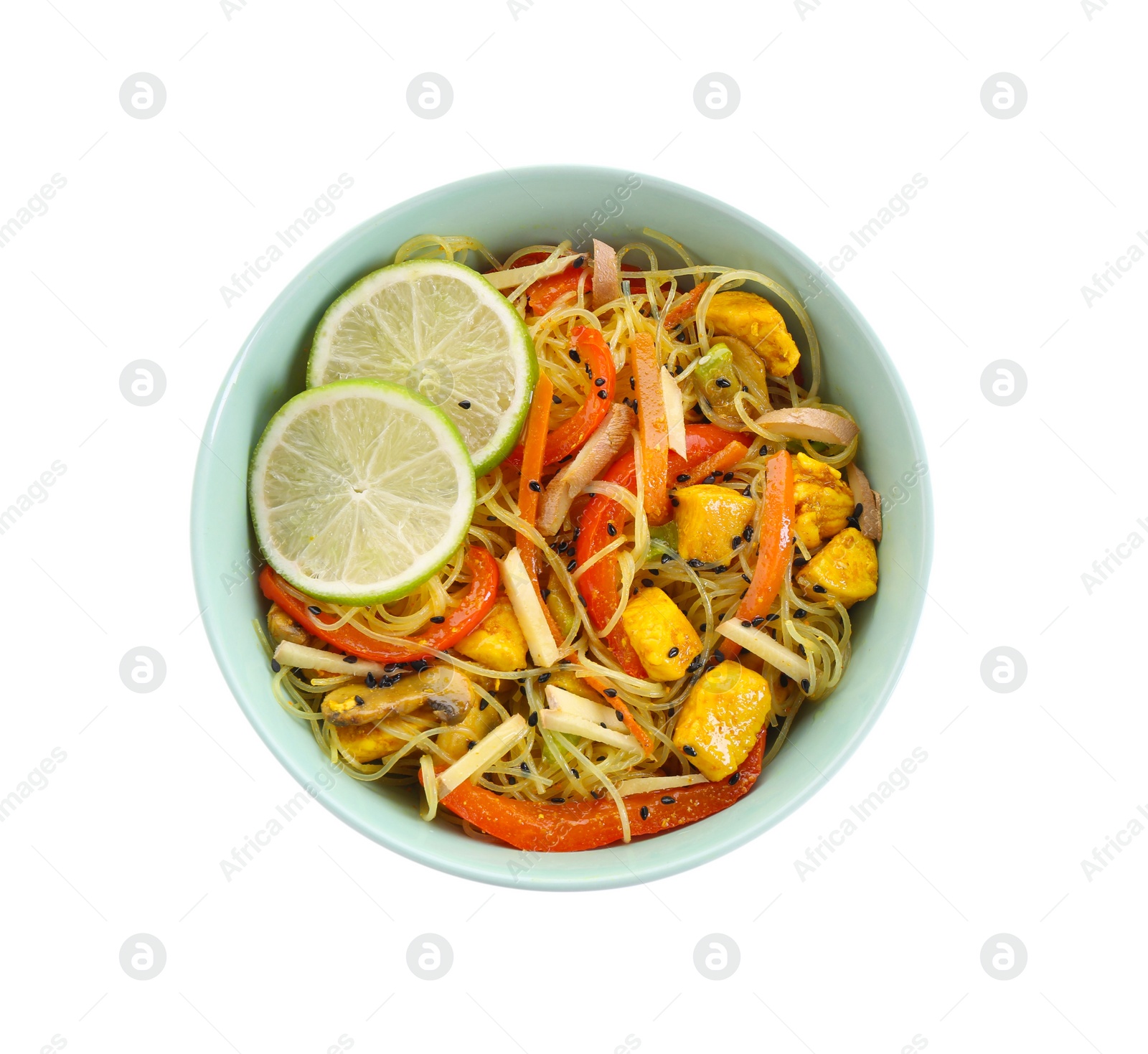 Photo of Stir-fry. Delicious cooked noodles with chicken and vegetables in bowl isolated on white, top view