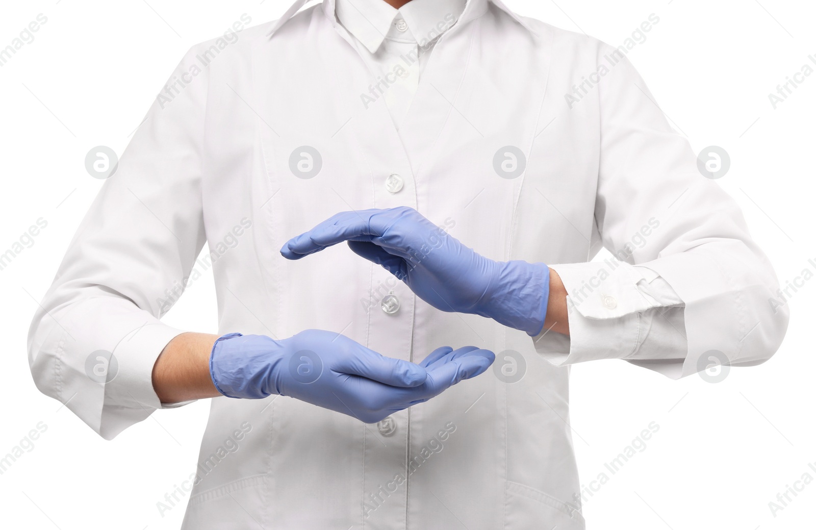 Photo of Doctor holding something on white background, closeup