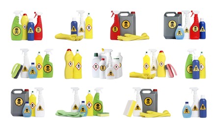 Image of Set with different toxic household chemicals with warning signs on white background