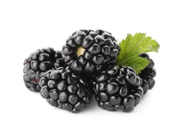 Photo of Tasty ripe blackberries and leaf on white background