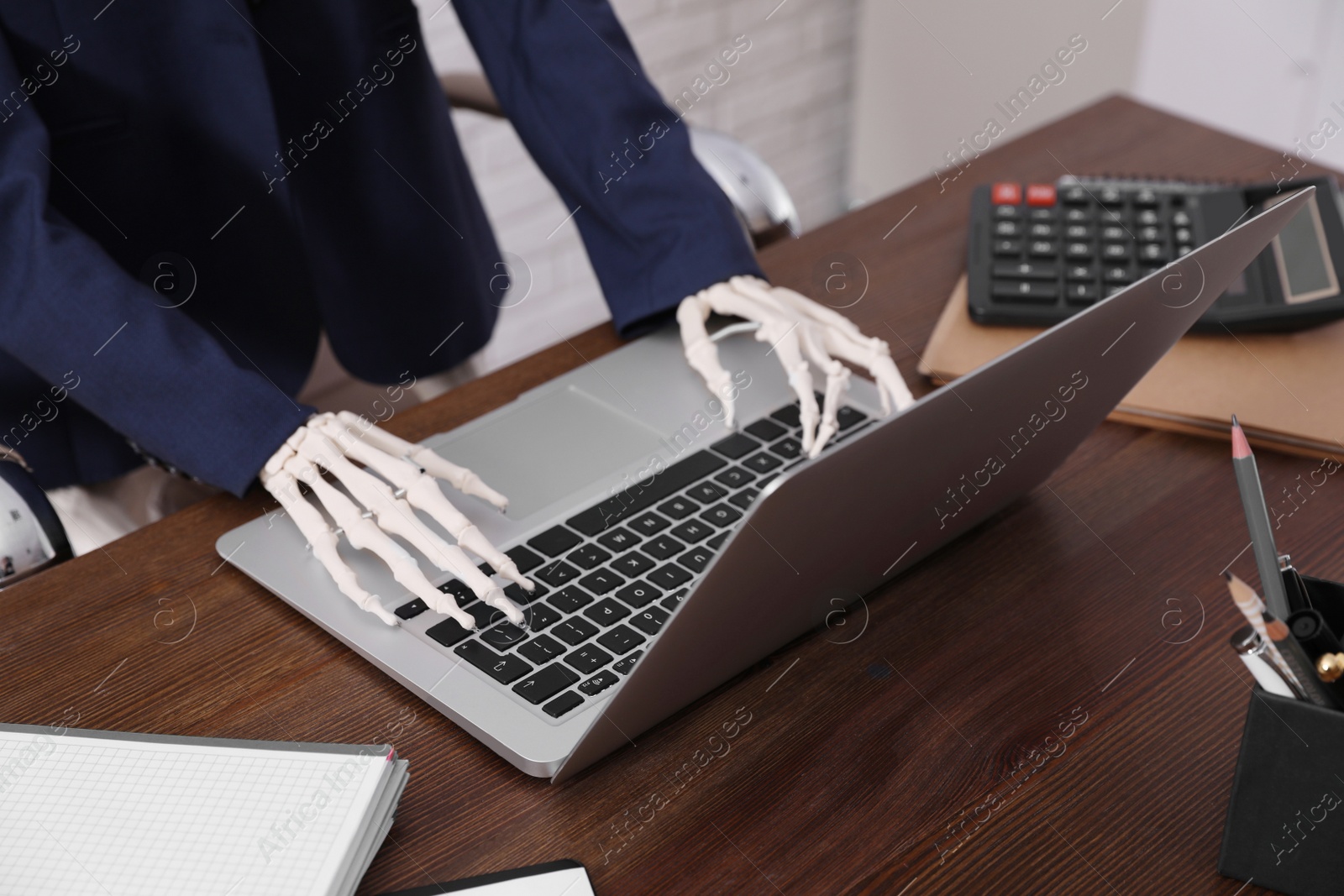 Photo of Human skeleton in suit using laptop at table, closeup