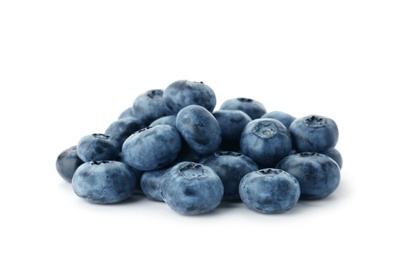 Photo of Heap of fresh ripe blueberries on white background