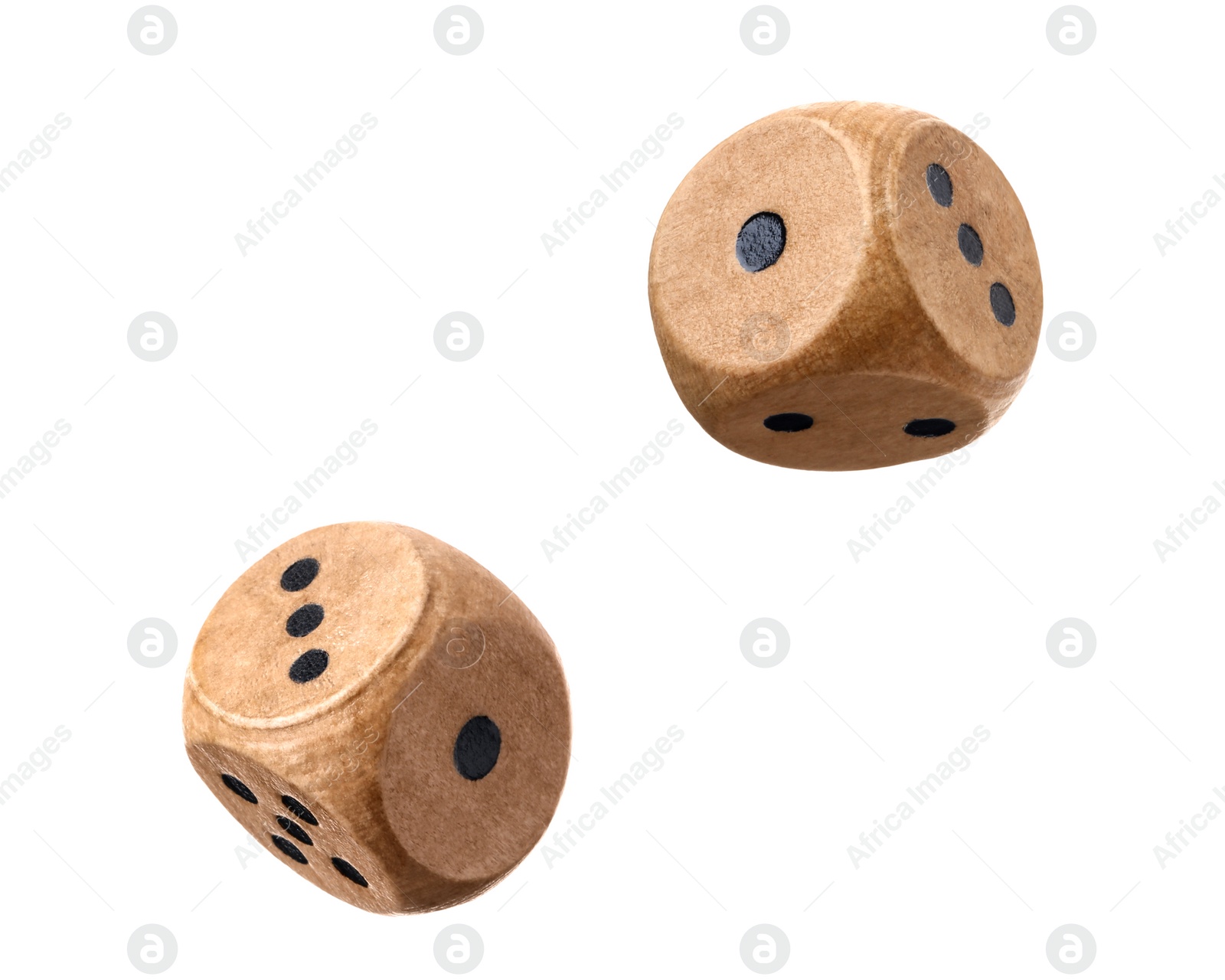 Image of Two wooden dice in air on white background