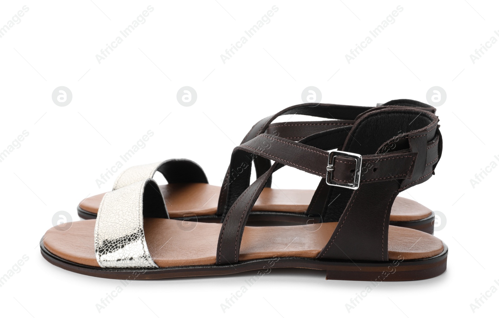 Photo of Pair of trendy women's shoes on white background