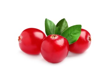 Image of Fresh ripe red cranberries and green leaves on white background