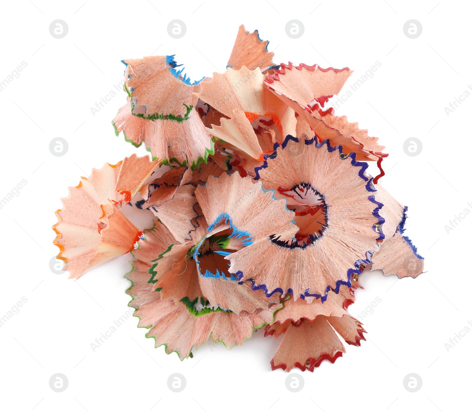 Photo of Heap of colorful pencil shavings on white background, top view