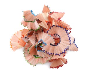 Heap of colorful pencil shavings on white background, top view