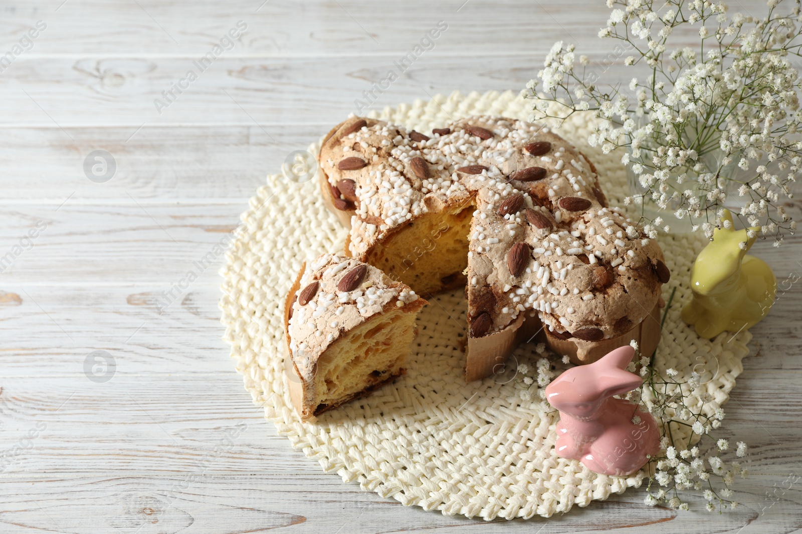 Photo of Delicious Italian Easter dove cake (traditional Colomba di Pasqua), space for text