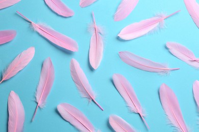 Photo of Beautiful pink feathers on light blue background, flat lay