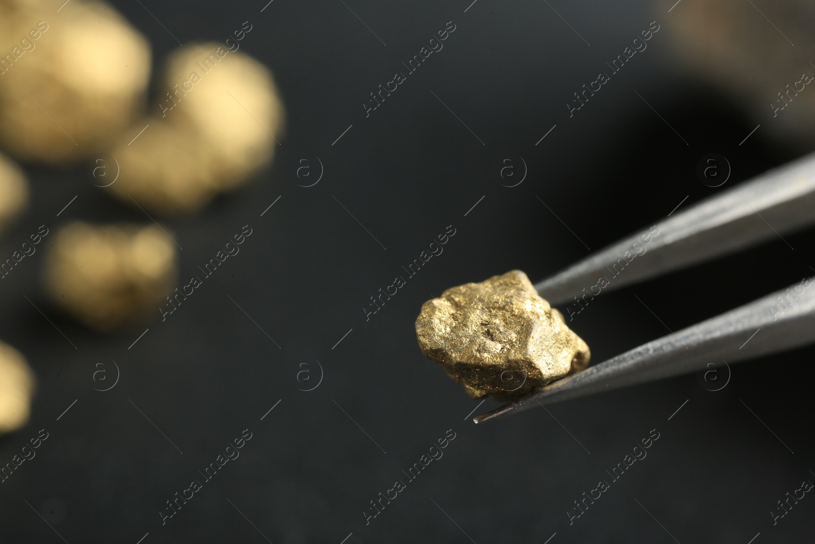 Photo of Tweezer with shiny gold nugget on blurred background, closeup. Space for text