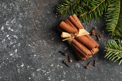 Different spices. Aromatic cinnamon sticks, clove seeds and fir branches on dark gray textured table, flat lay. Space for text