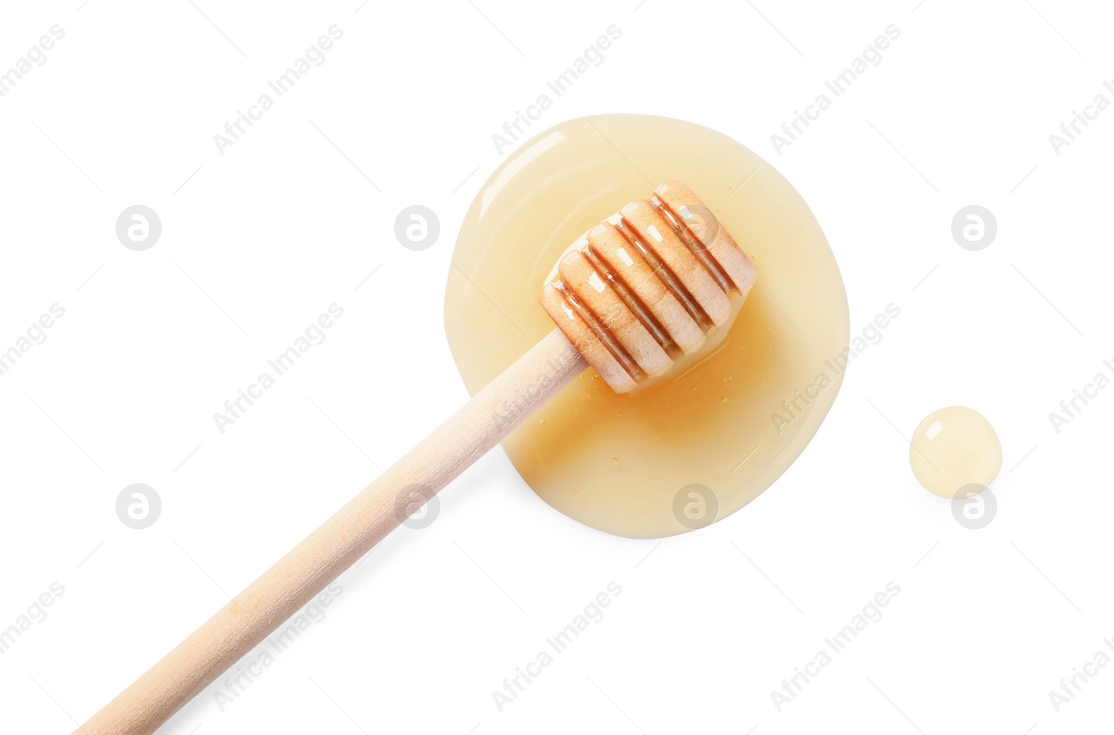 Photo of Tasty natural honey and dipper on white background, top view