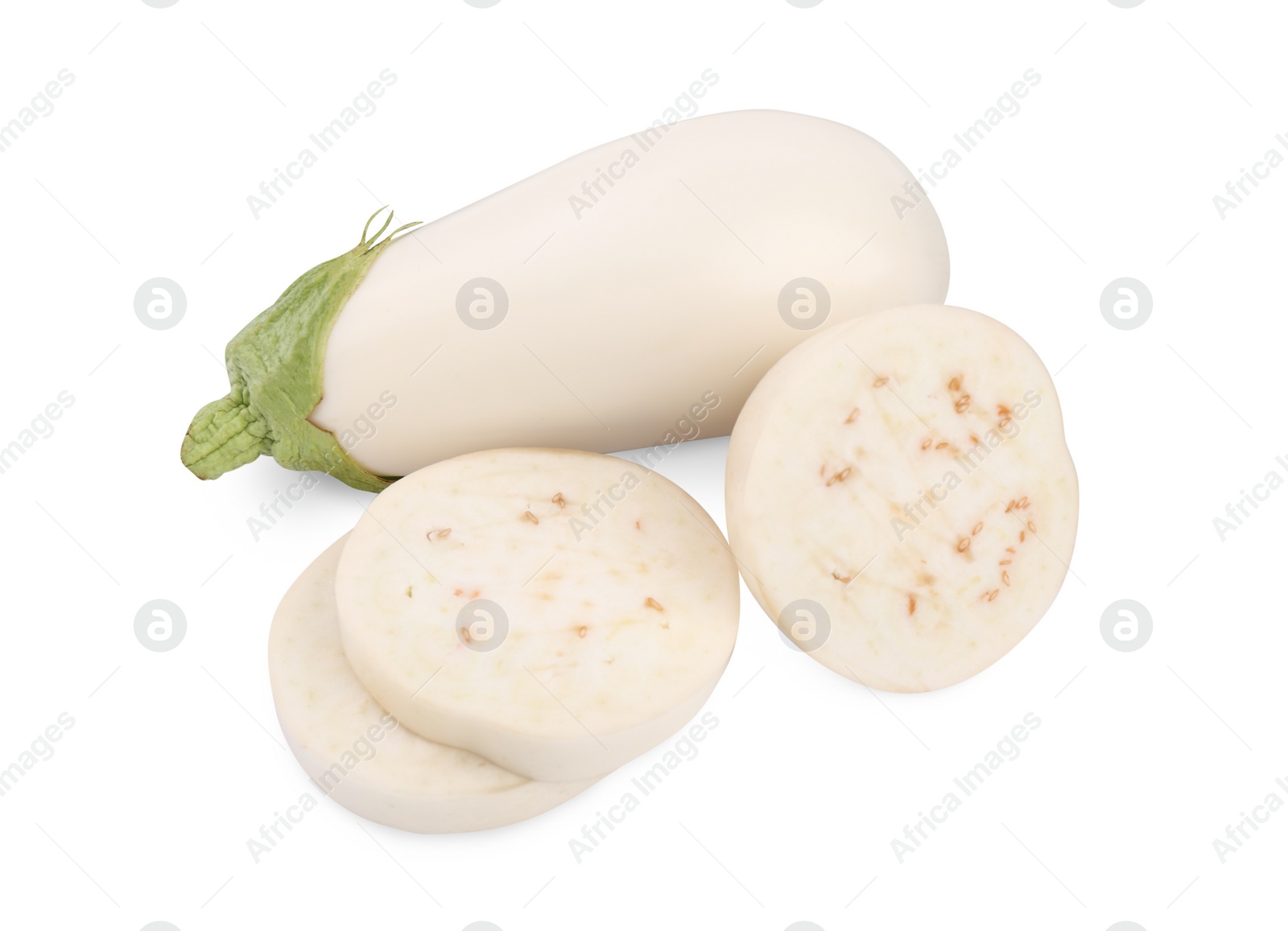 Photo of Whole and cut white eggplants on white background