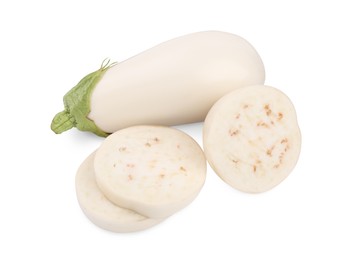 Whole and cut white eggplants on white background