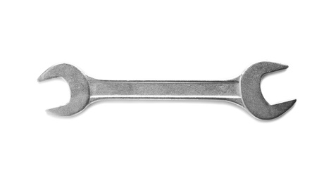 Photo of New wrench on white background, top view. Plumber tools