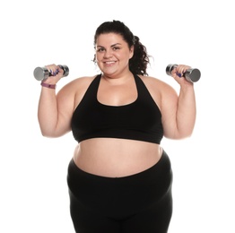 Photo of Overweight woman with dumbbells on white background