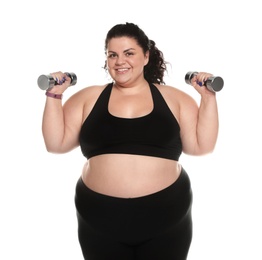 Overweight woman with dumbbells on white background