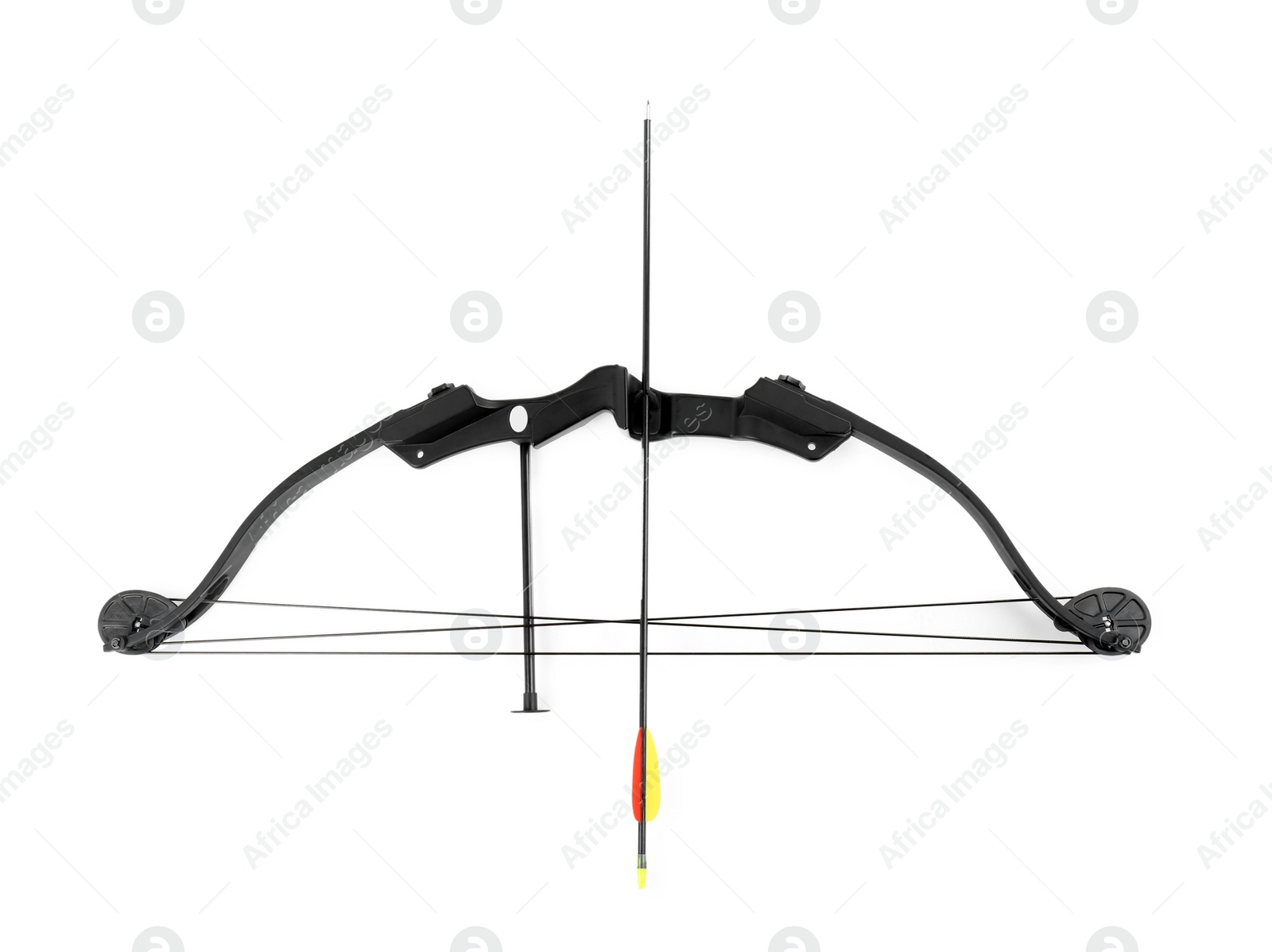 Photo of Black bow and plastic arrow on white background, top view. Archery sports equipment