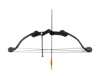 Photo of Black bow and plastic arrow on white background, top view. Archery sports equipment