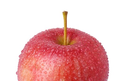 Photo of One ripe red apple with water drops isolated on white