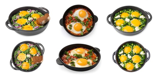 Image of Delicious shakshuka in frying pans isolated on white, set with top and side views