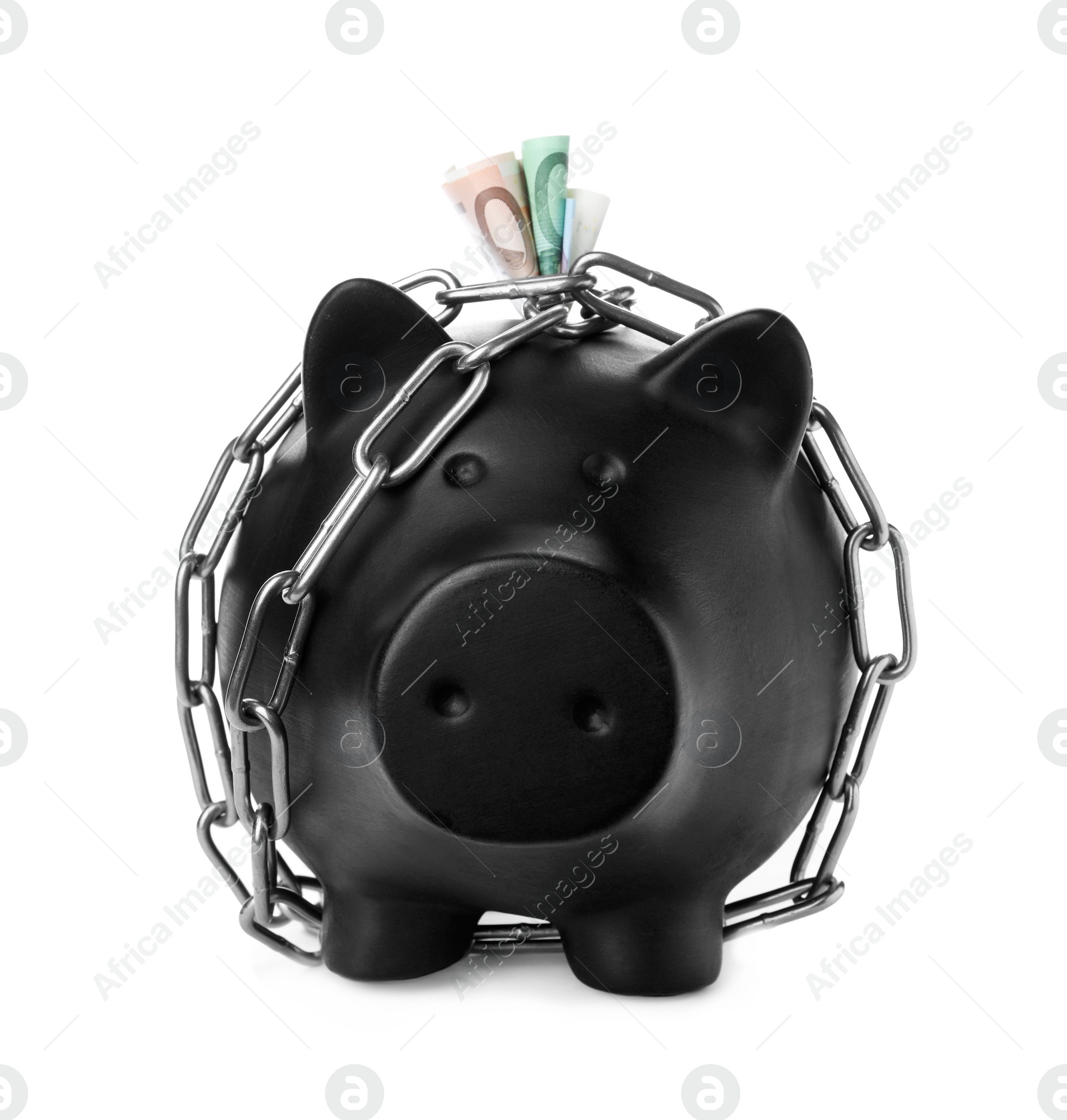 Photo of Piggy bank with steel chain and banknotes isolated on white. Money safety concept