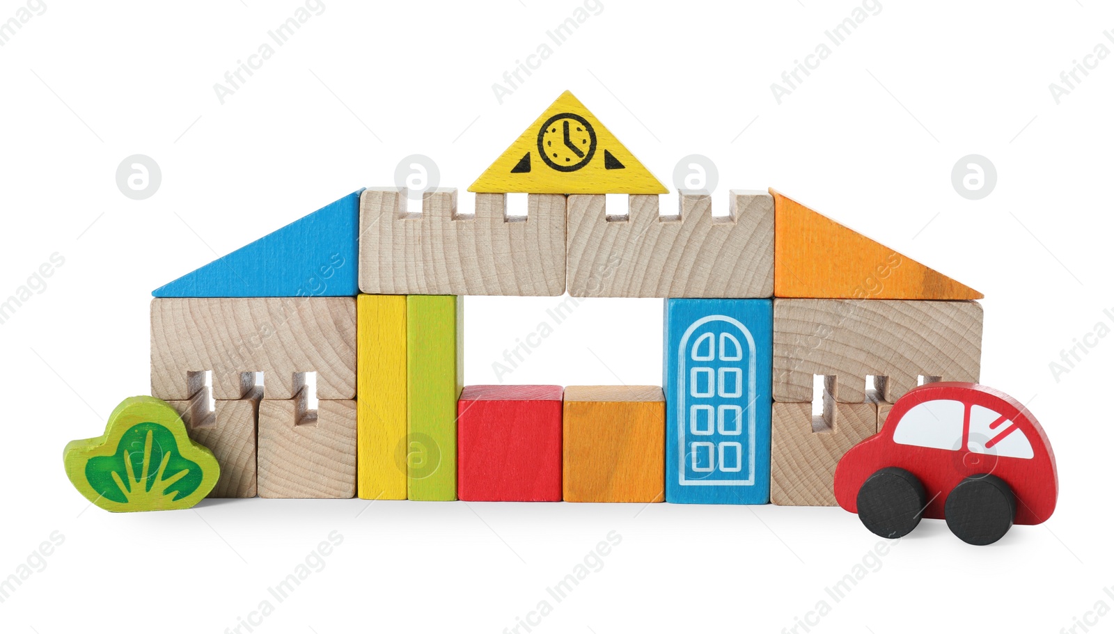 Photo of Set of wooden toys isolated on white. Children's development