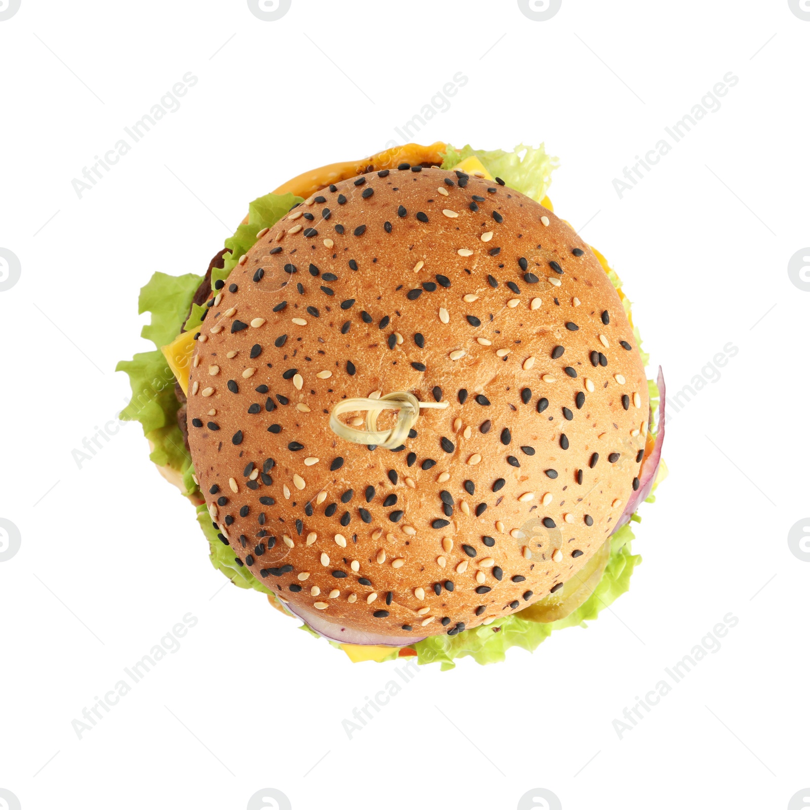 Burger with delicious patty isolated on white, top view Photo of Burger with delicious patty isolated on white, top view