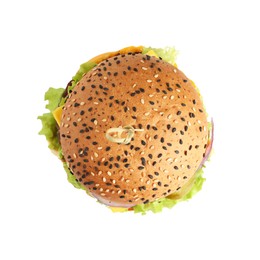 Photo of Burger with delicious patty isolated on white, top view