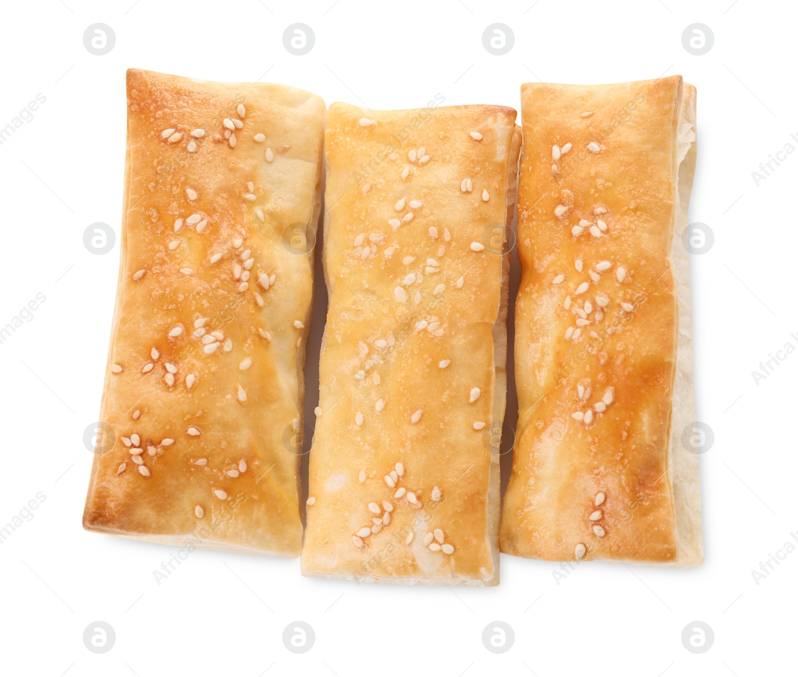Photo of Delicious fresh puff pastries isolated on white, top view