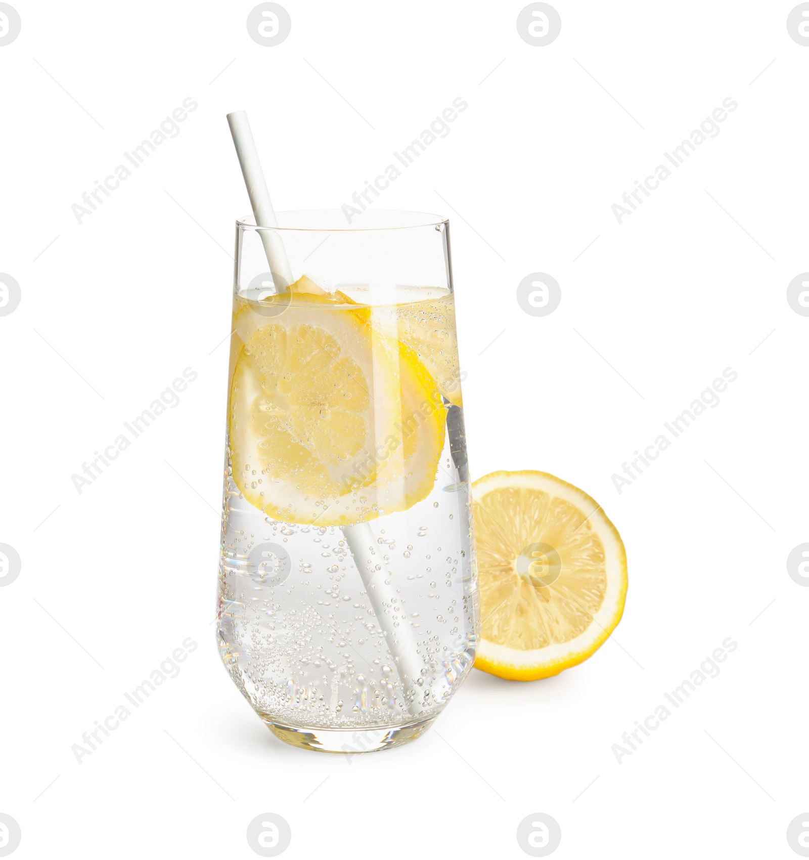 Photo of Soda water with lemon slices and fresh fruit on white background