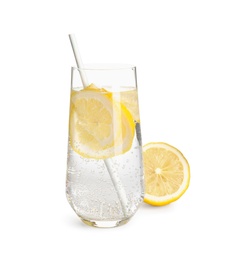 Photo of Soda water with lemon slices and fresh fruit on white background