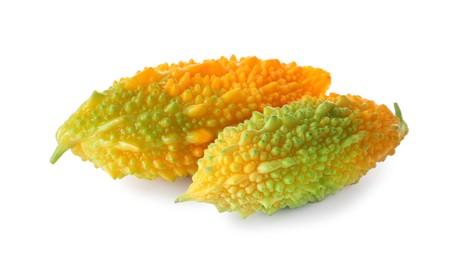 Fresh ripe bitter melons on white background