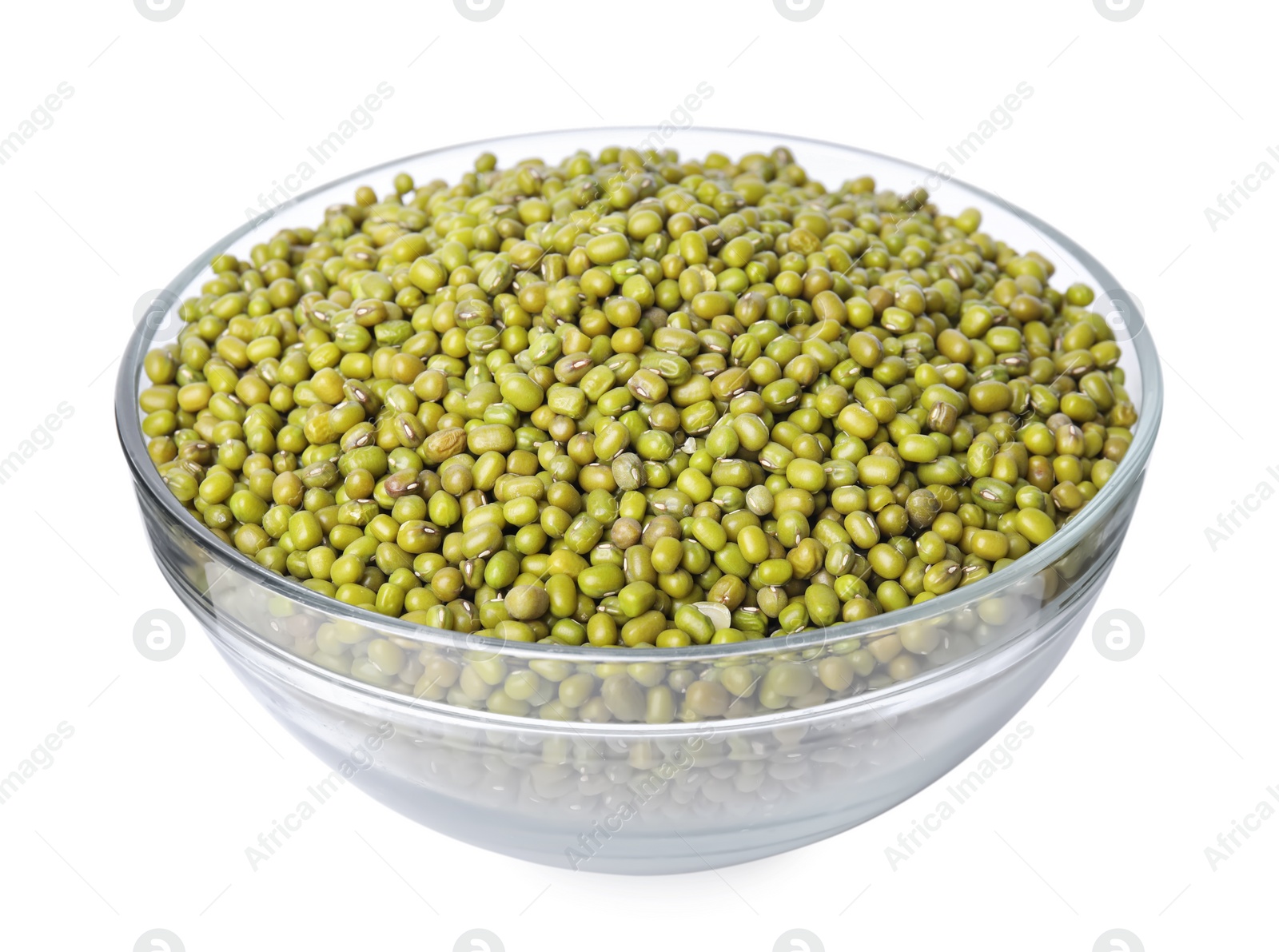 Photo of Bowl with fresh mung beans isolated on white