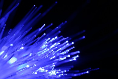 Optical fiber strands transmitting blue light on black background, macro view. Space for text